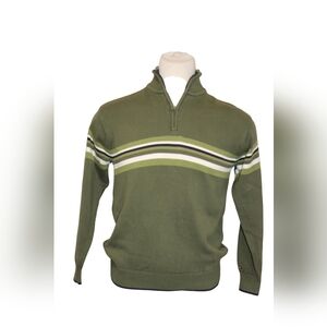 Tommy Hilfiger Green and White 1/4 Zip  Sweater with Stripe Details Y2K, Preppy